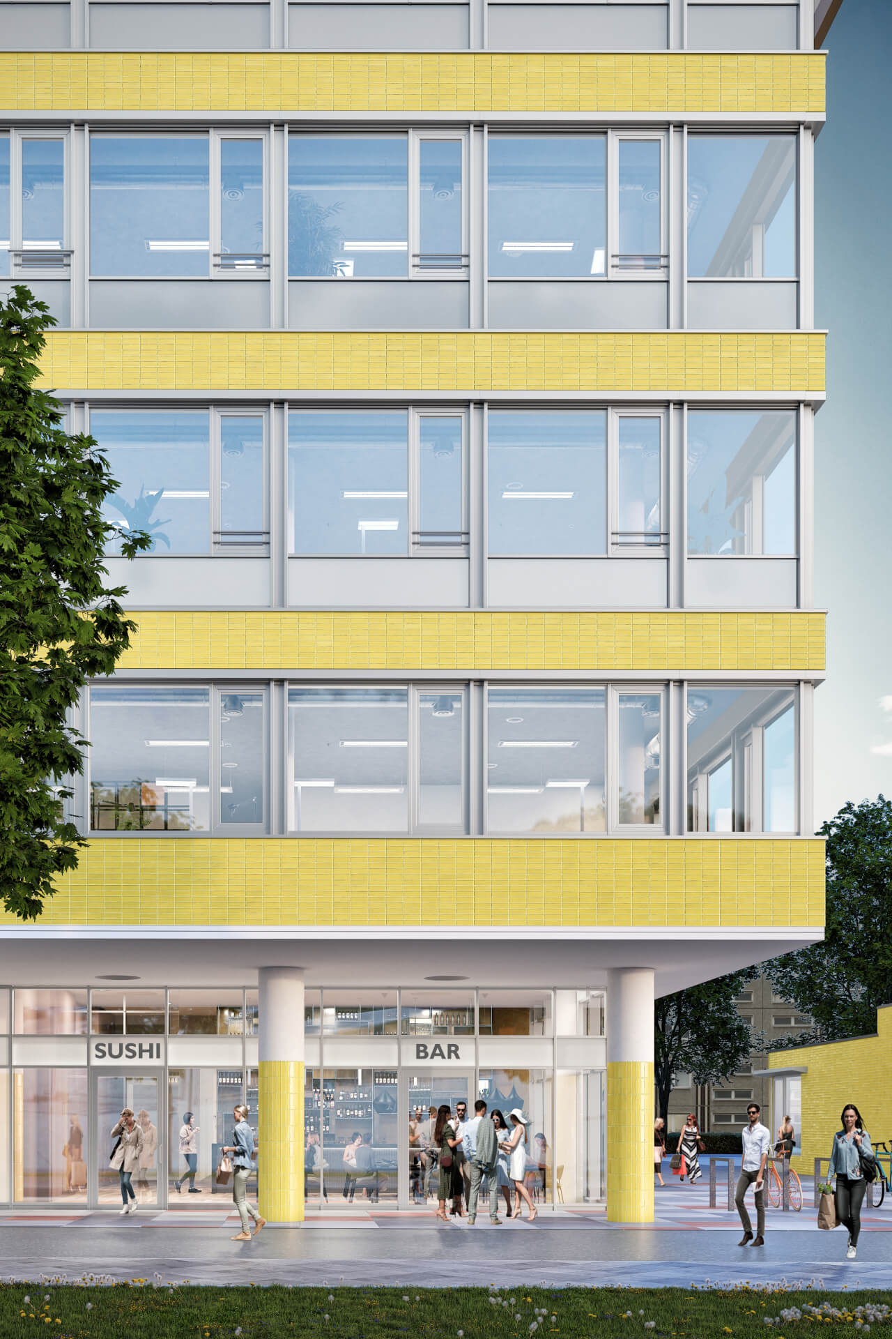 Ein Architekturrendering von dem "Holzmarkt 66"-Gebäudekomplex mit der ikonischen, gelben Fassade 