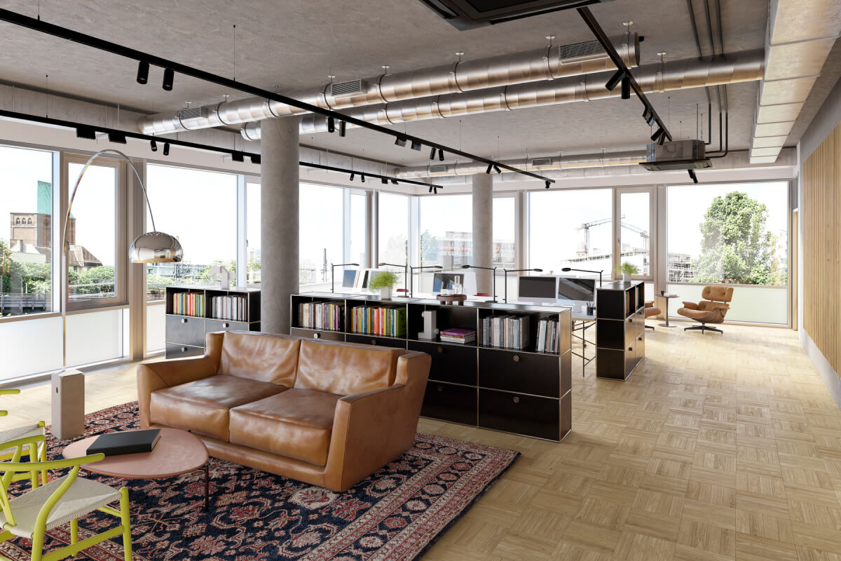 Modernes, helles Büro mit Lounge-Bereich, Ledersofa, Teppich und großen Fenstern 